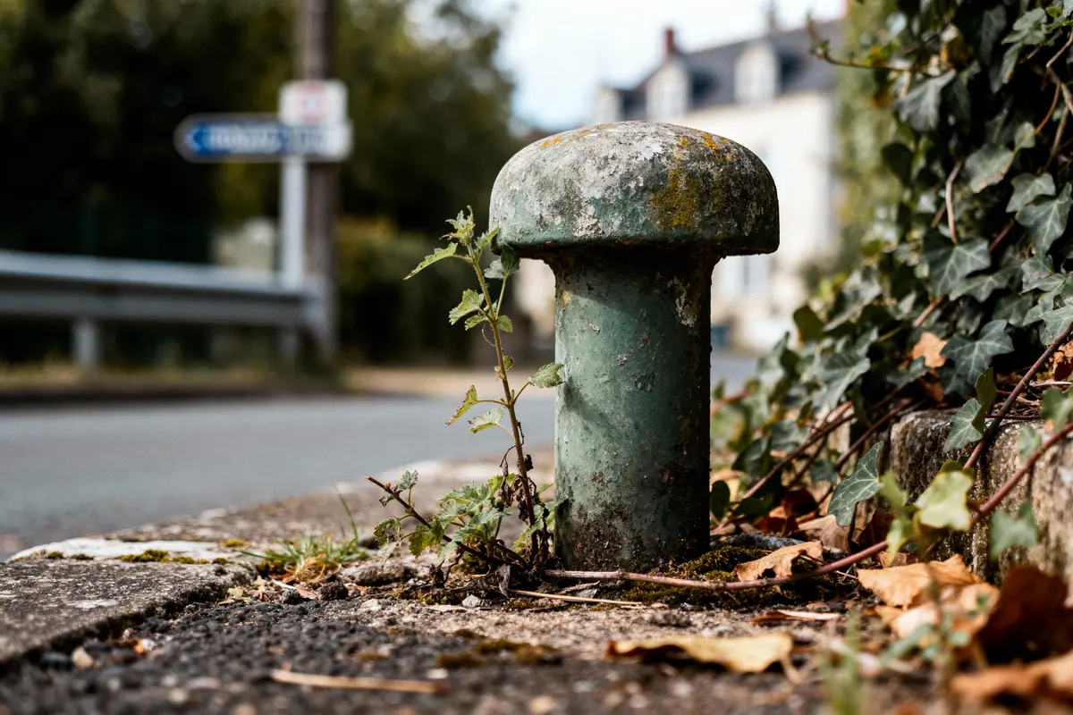 Borne ronde en métal vert vieilli, entourée de feuilles et de lierre, en bordure de route.