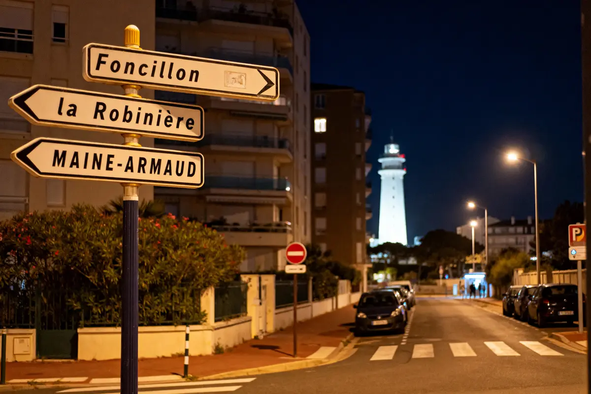 Panneaux de signalisation vers Foncillon, la Robinière, Maine-Armaud, avec phare illuminé en arrière-plan, rue nocturne.