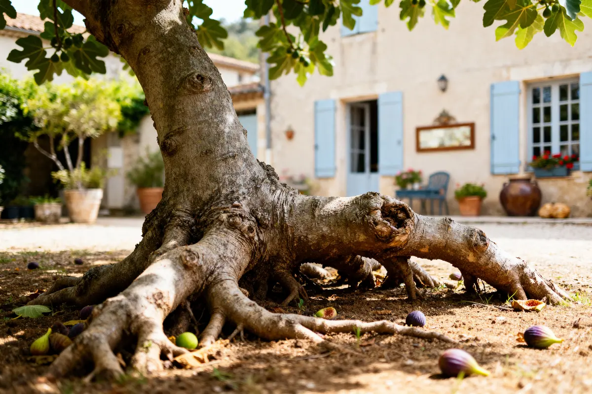 Arbre au tronc noueux avec figues tombées, devant maison provençale aux volets bleus et jardinage méditerranéen.