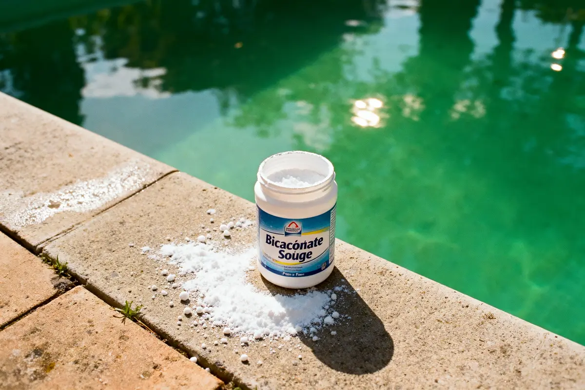 Pot de bicarbonate de soude renversé sur le bord d’une piscine verte ensoleillée.