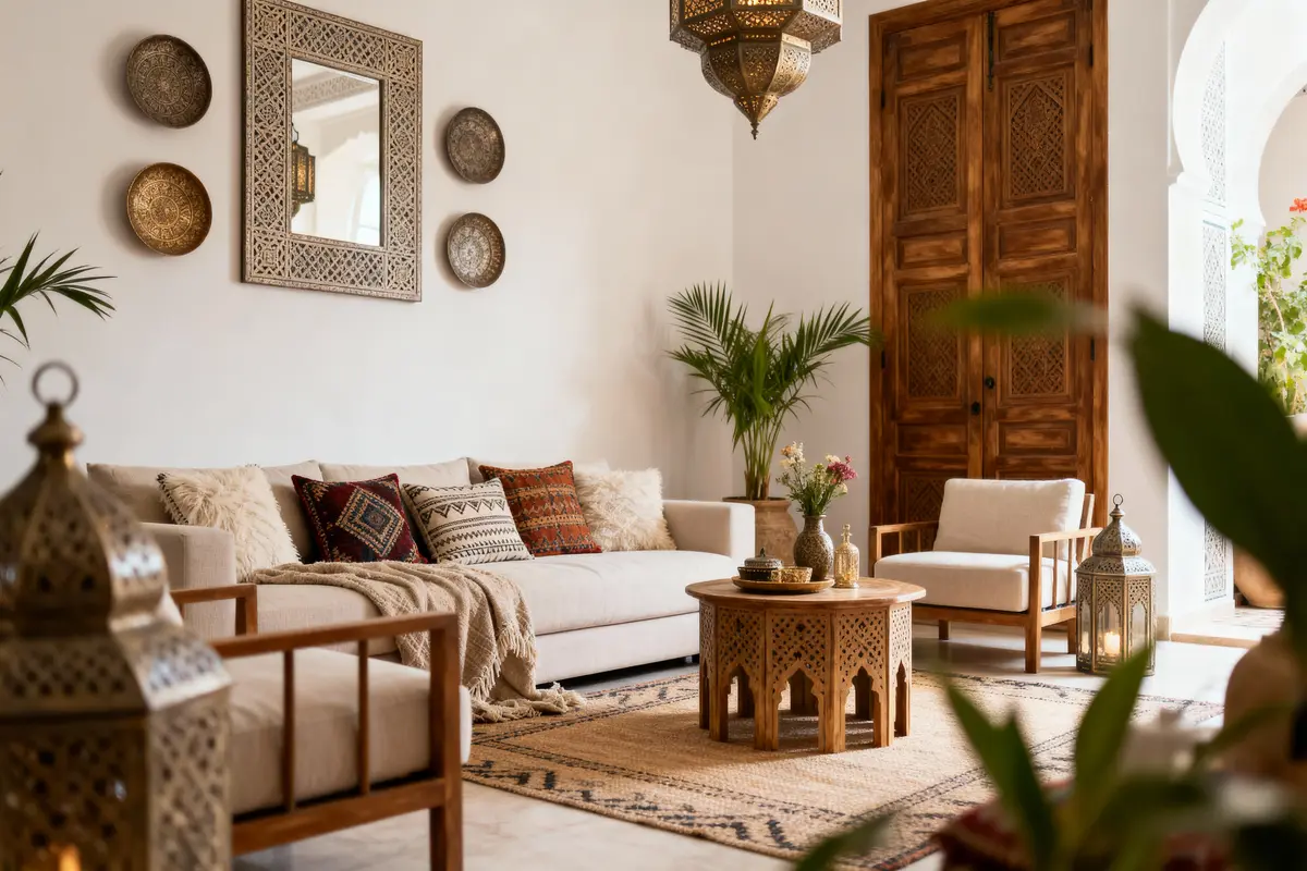 Salon au style marocain avec table basse sculptée, coussins colorés, grandes lanternes, miroir et plantes vertes.