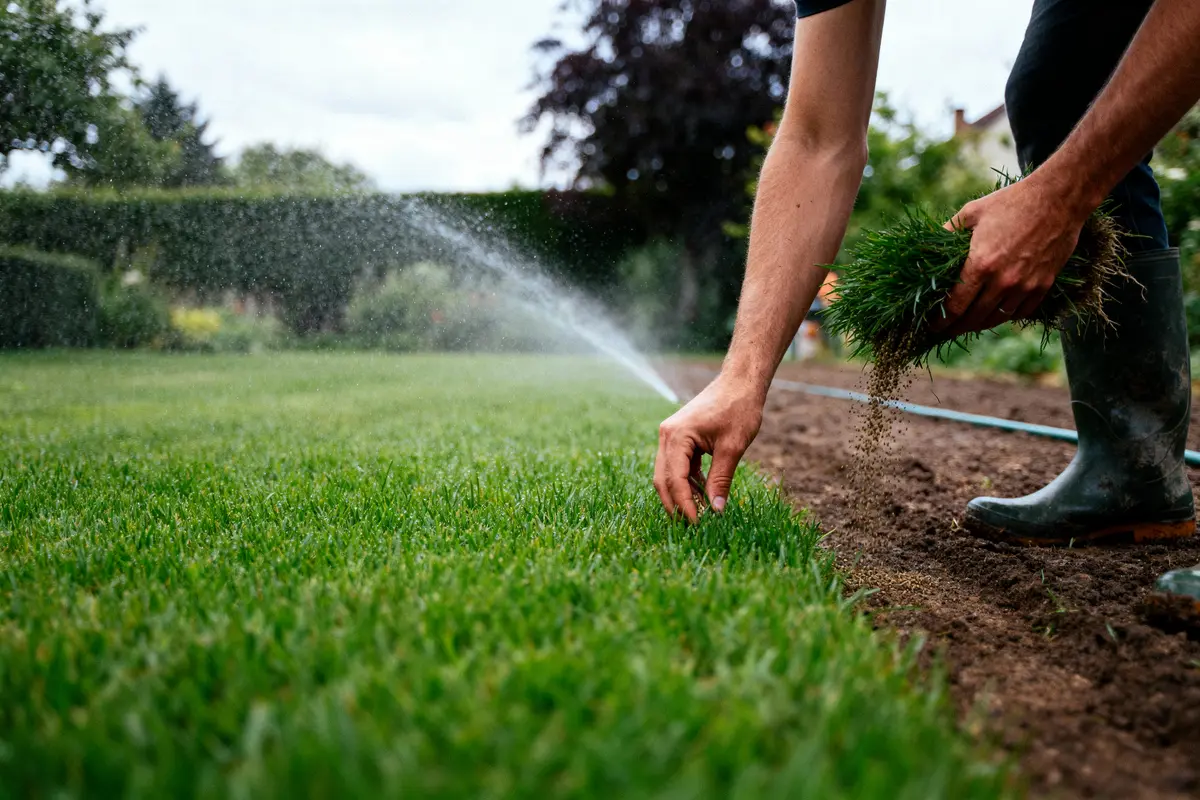 Personne plantant ou entretenant du gazon. Arrosage automatique en arrière-plan, sol préparé, vue parcelle de jardin.