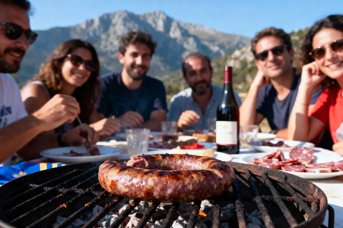 Barbecue avec des amis, saucisse grillée au premier plan, montagnes en arrière-plan, bouteille de vin sur table.