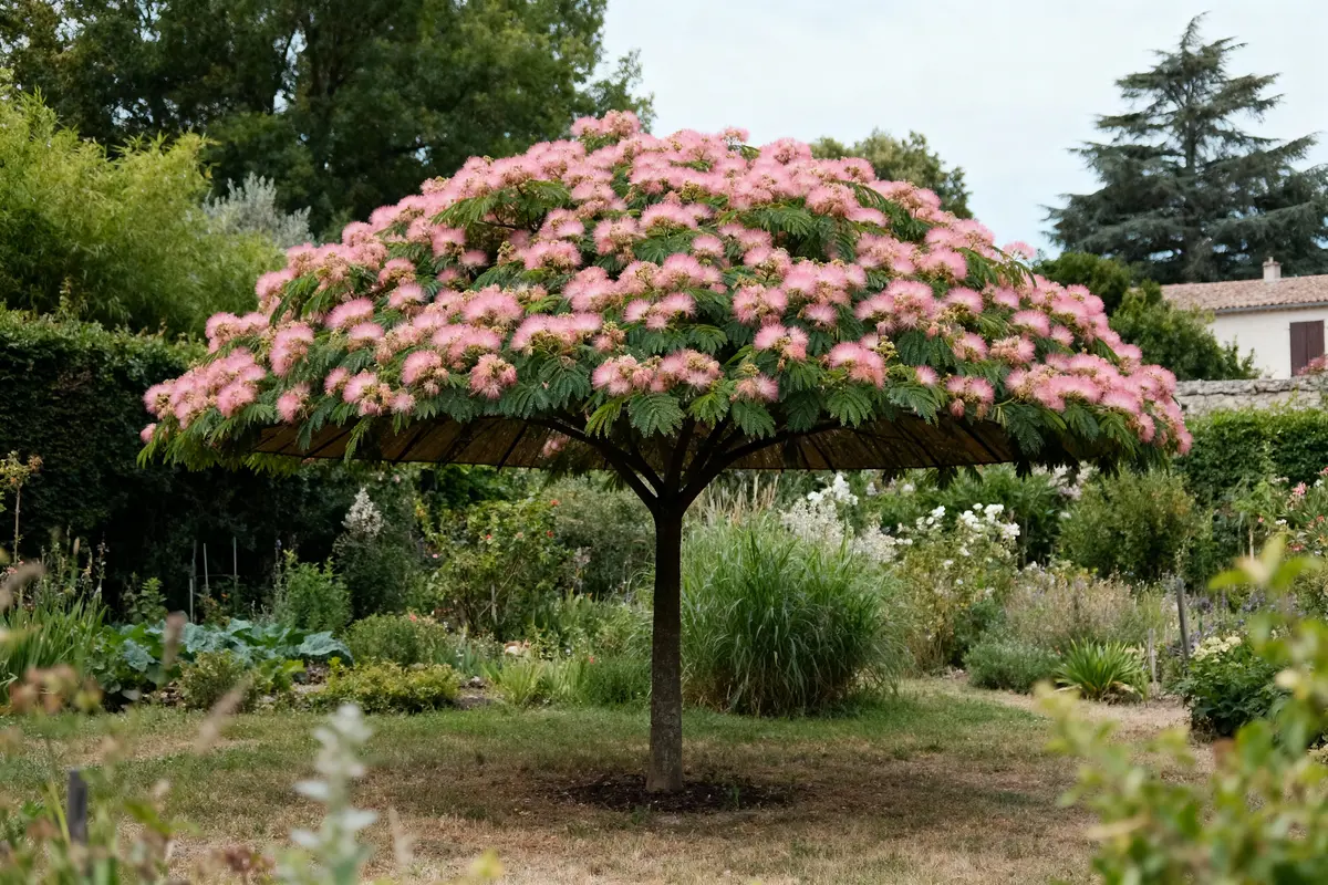 Arbre au feuillage en forme de parasol, couvert de fleurs roses, dans un jardin verdoyant.
