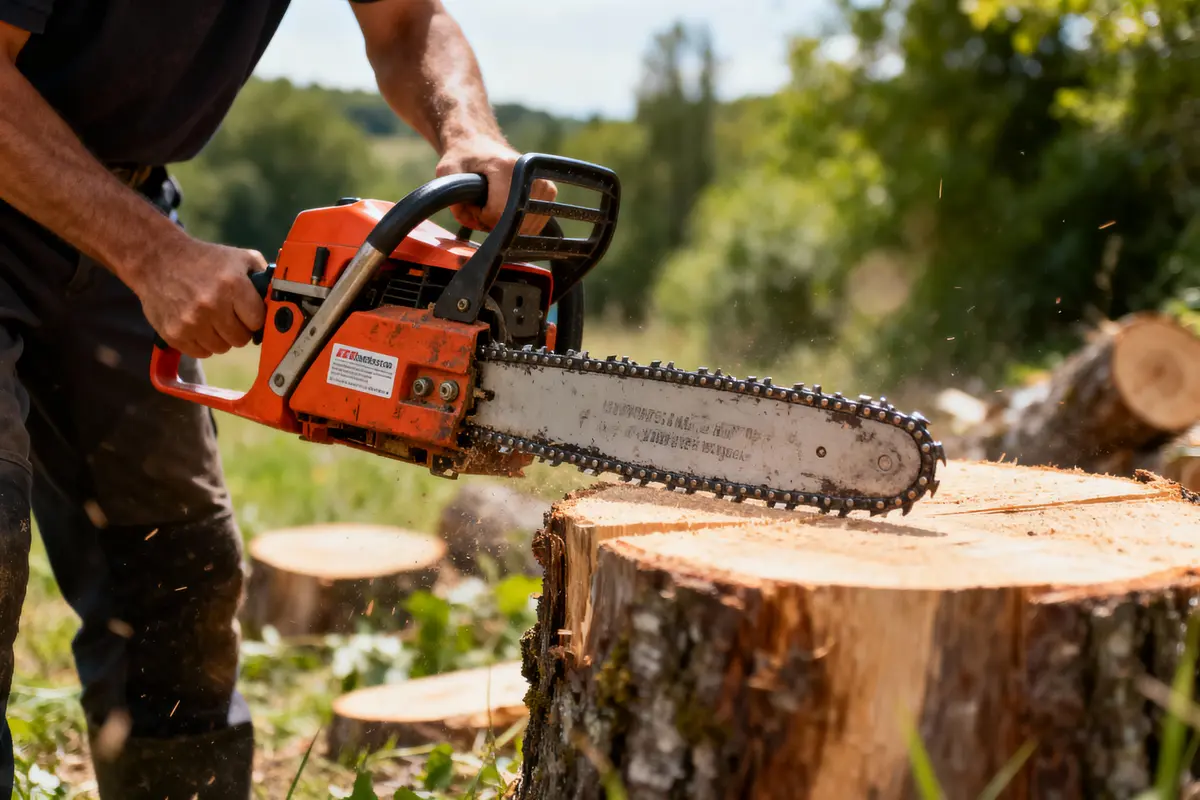Personne utilisant une tronçonneuse orange pour couper un tronc d'arbre dans un paysage extérieur verdoyant.