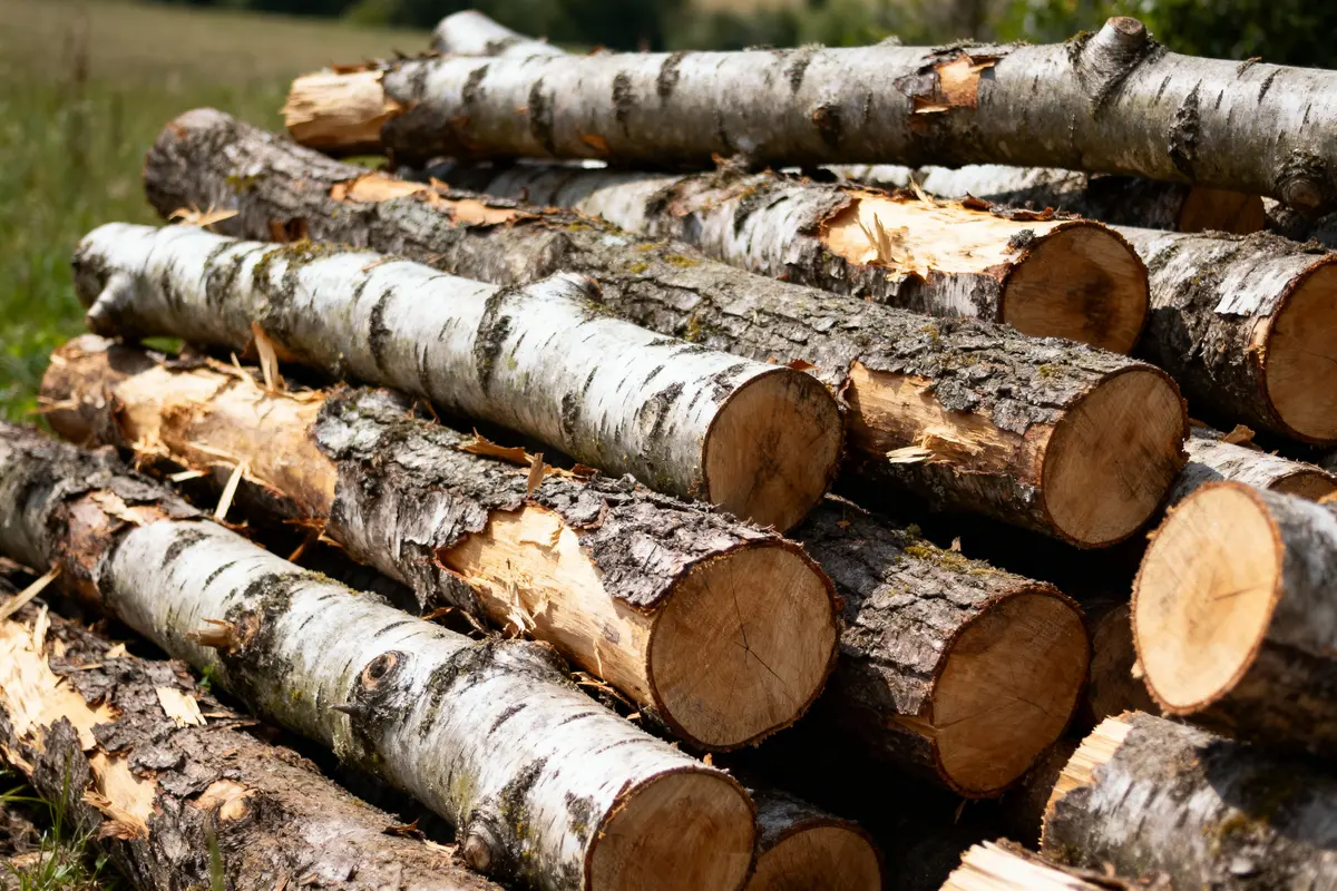 Tas de bûches en bois avec écorce, empilées horizontalement dans un paysage extérieur verdoyant.