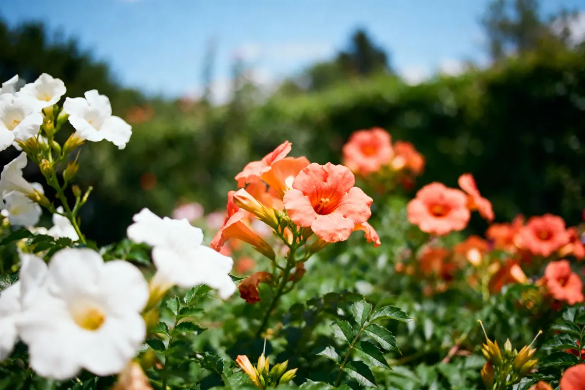 Fleurs orange et blanches fleurissent dans un jardin ensoleillé, avec ciel bleu en arrière-plan.