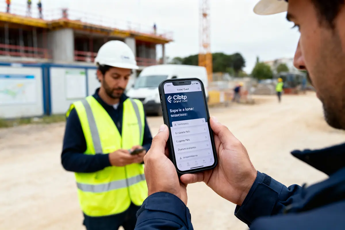 Deux travailleurs sur un chantier, casques blancs, utilisant des smartphones pour consulter des informations.