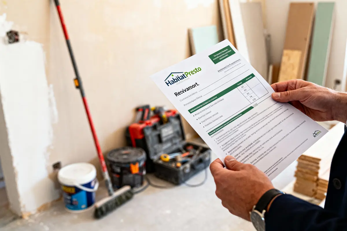 Une personne tient un devis Habitat Presto dans un intérieur en rénovation avec outils et matériaux.