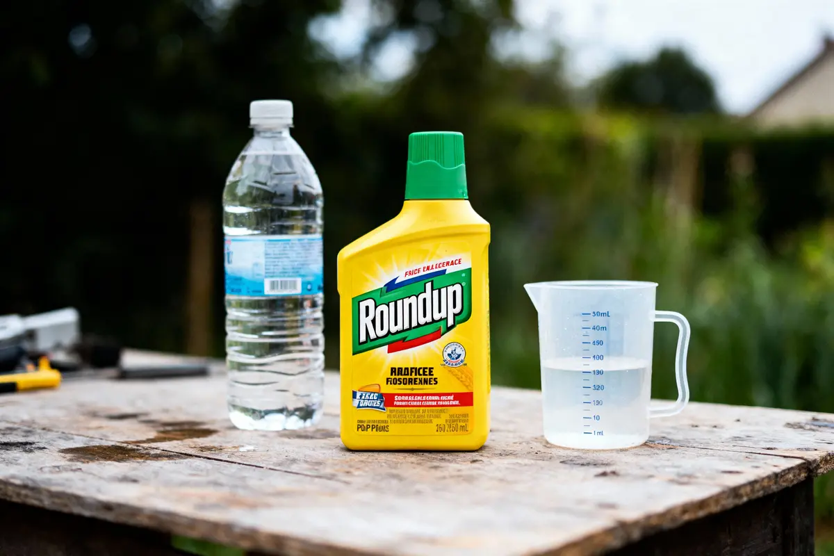 Bouteille d'eau, herbicide Roundup, et verre doseur sur une table en bois à l'extérieur.