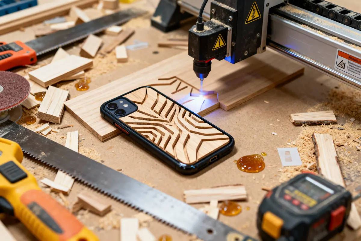 Gravure sur bois avec machine laser, coque de téléphone en bois, outils et copeaux autour.