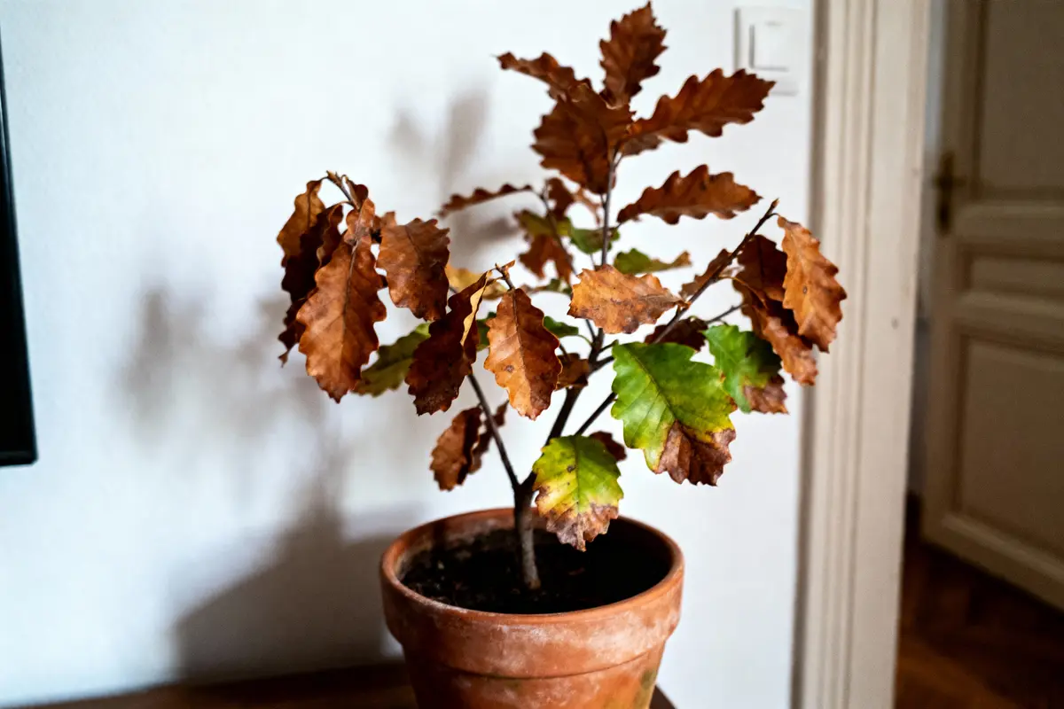 Petit arbre en pot, feuilles brunes et vertes, intérieur lumineux.