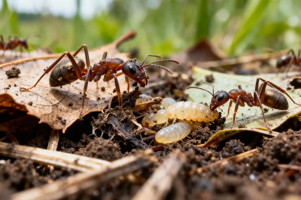 Deux fourmis rouges près de larves sur sol humide et feuilles mortes, en plein air.