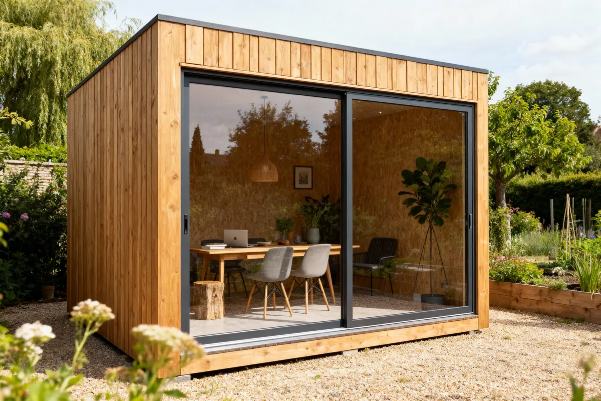 Petit bureau en bois avec baie vitrée, aménagé dans un jardin verdoyant. Table, chaises et plantes visibles.