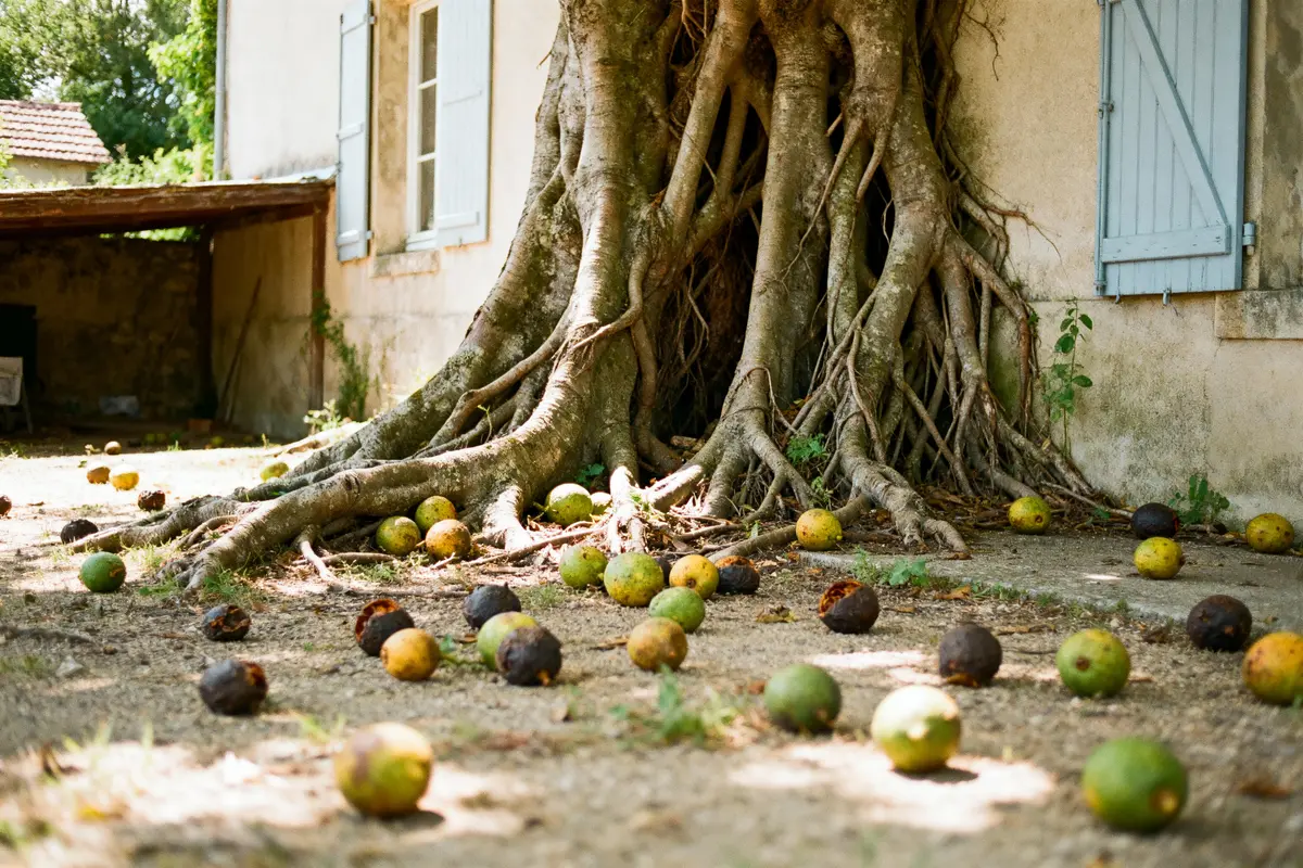 Arbre avec racines étendues, fruits tombés, contre mur de maison aux volets bleus. Lumière naturelle.