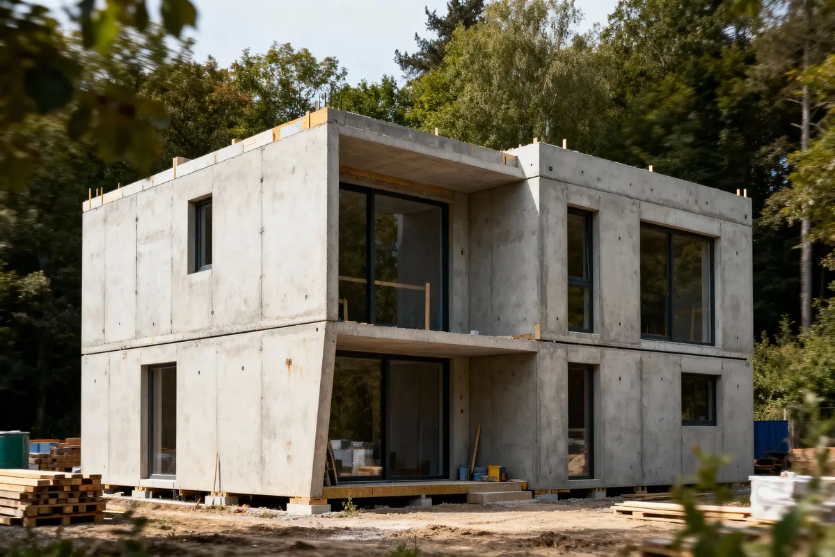 Maison moderne en béton avec grandes fenêtres, située en pleine nature, entourée d'arbres. En construction.