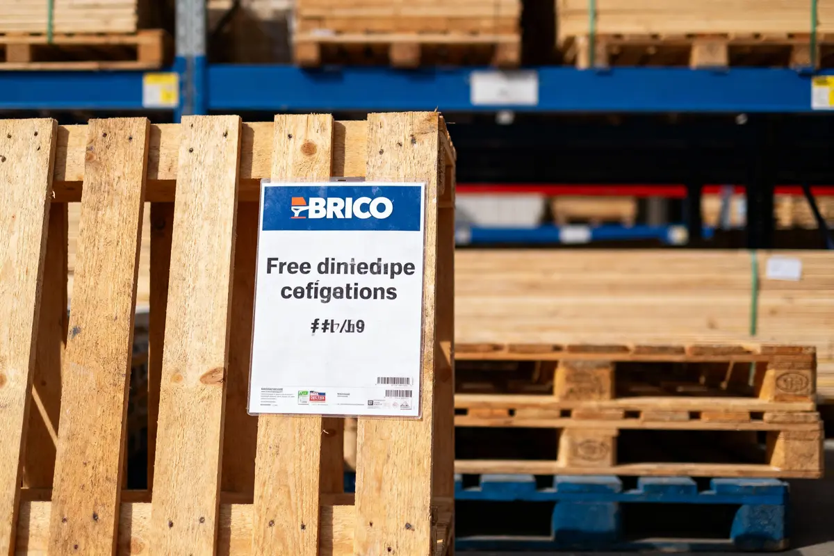 Palette en bois avec étiquette "BRICO", texte incompréhensible, entrepôt avec rayonnages chargés de palettes empilées.