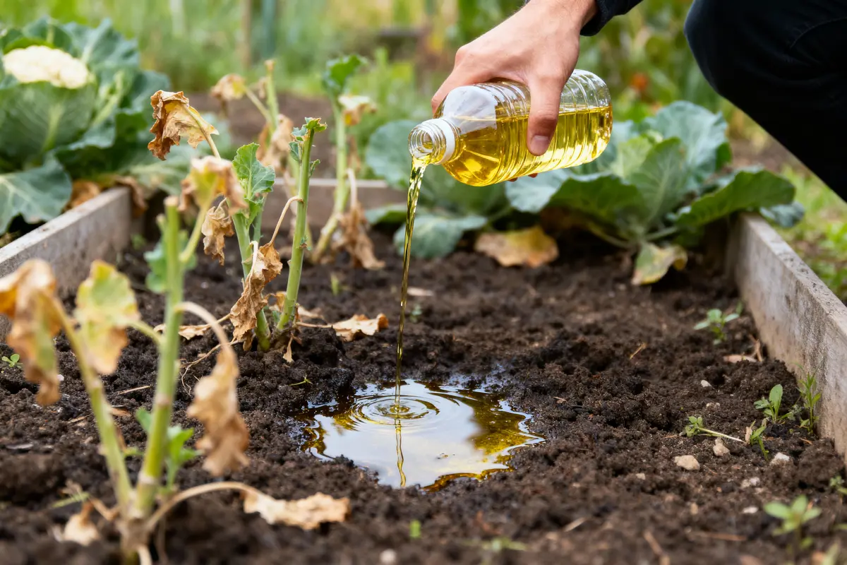 Main versant liquide jaune dans un potager, plantes flétries en arrière-plan.