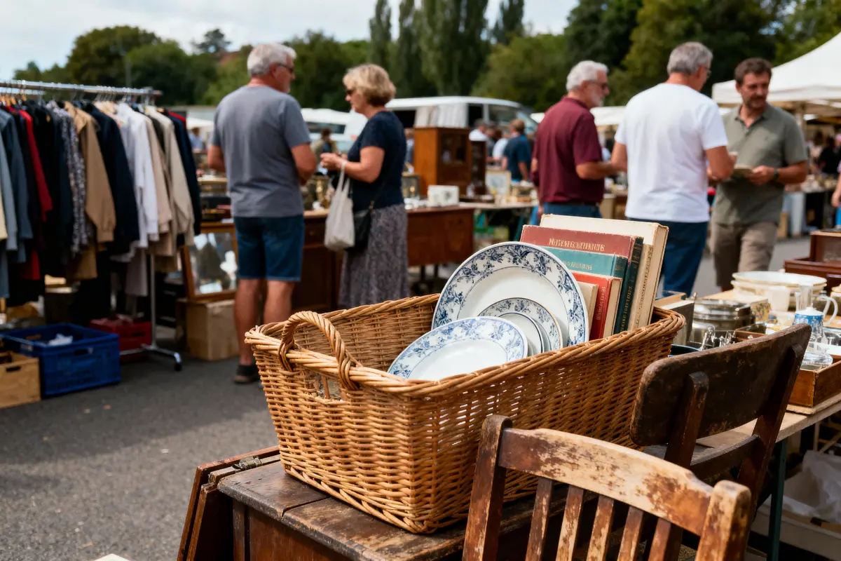 Panier en osier avec assiettes et livres, brocante animée en extérieur avec vêtements et meubles divers.