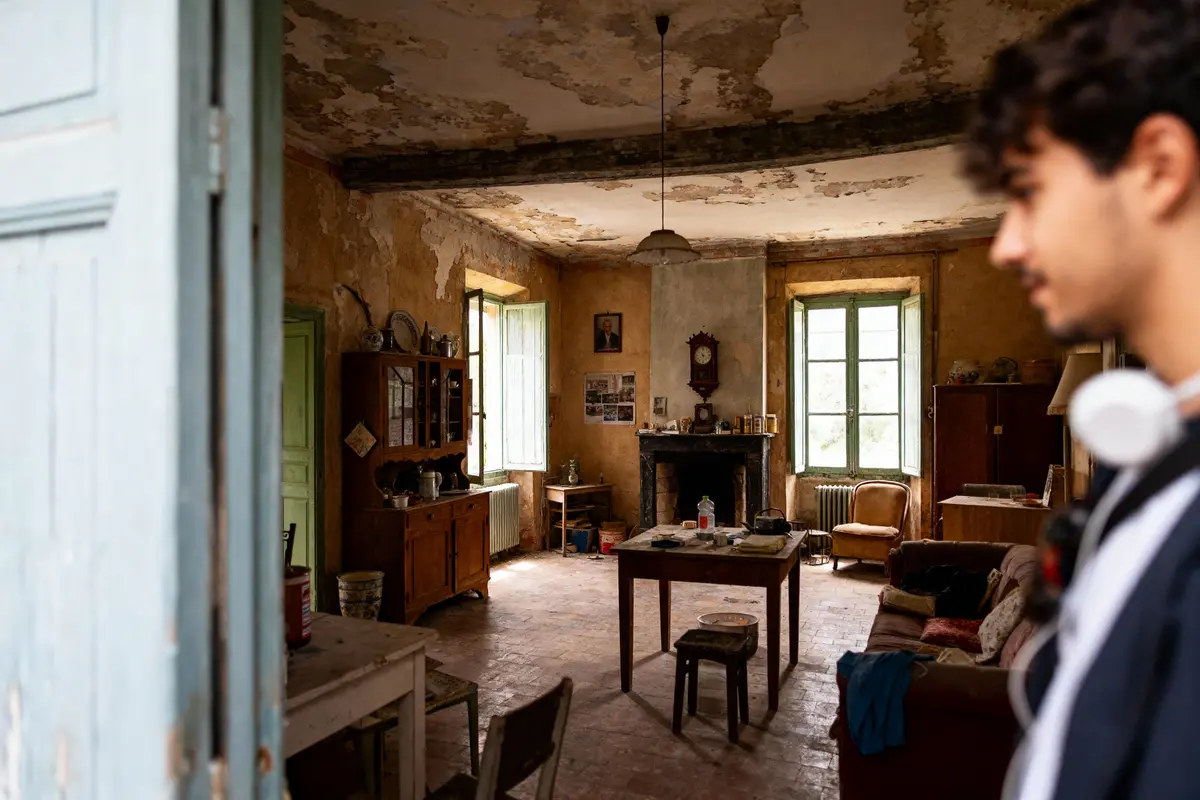 Vieille pièce abandonnée, murs décrépis, meubles anciens, cheminée centrale, jeune homme flou en premier plan.