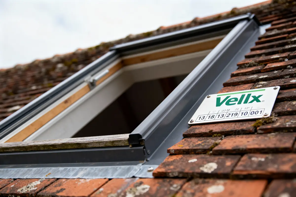 Fenêtre de toit ouverte sur toit en tuiles avec plaque "Velux" visible.