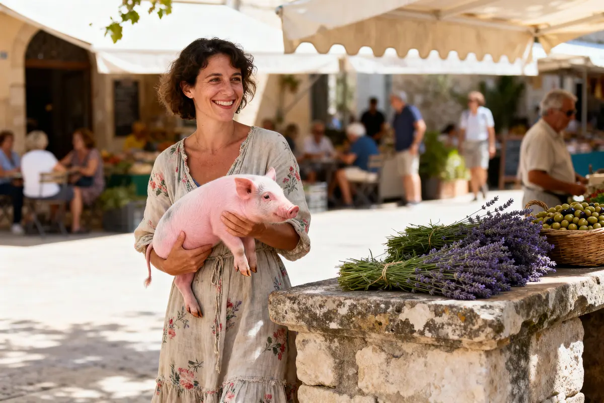 Femme souriante tenant un porcelet, près d'un stand de marché avec lavande et olives. Scène extérieure animée.