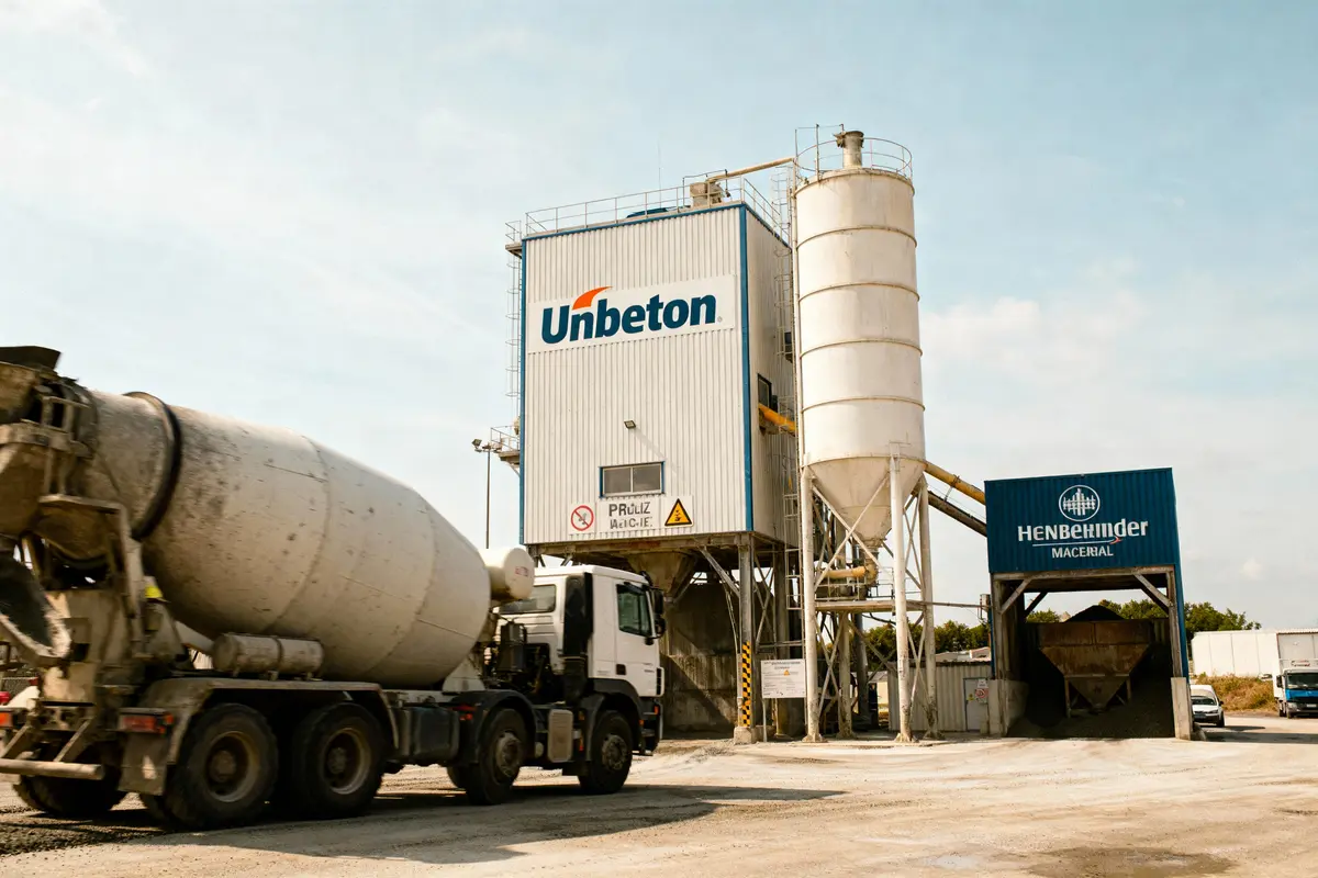 Camion malaxeur devant une centrale à béton Unbeton, ciel dégagé, installations industrielles environnantes.