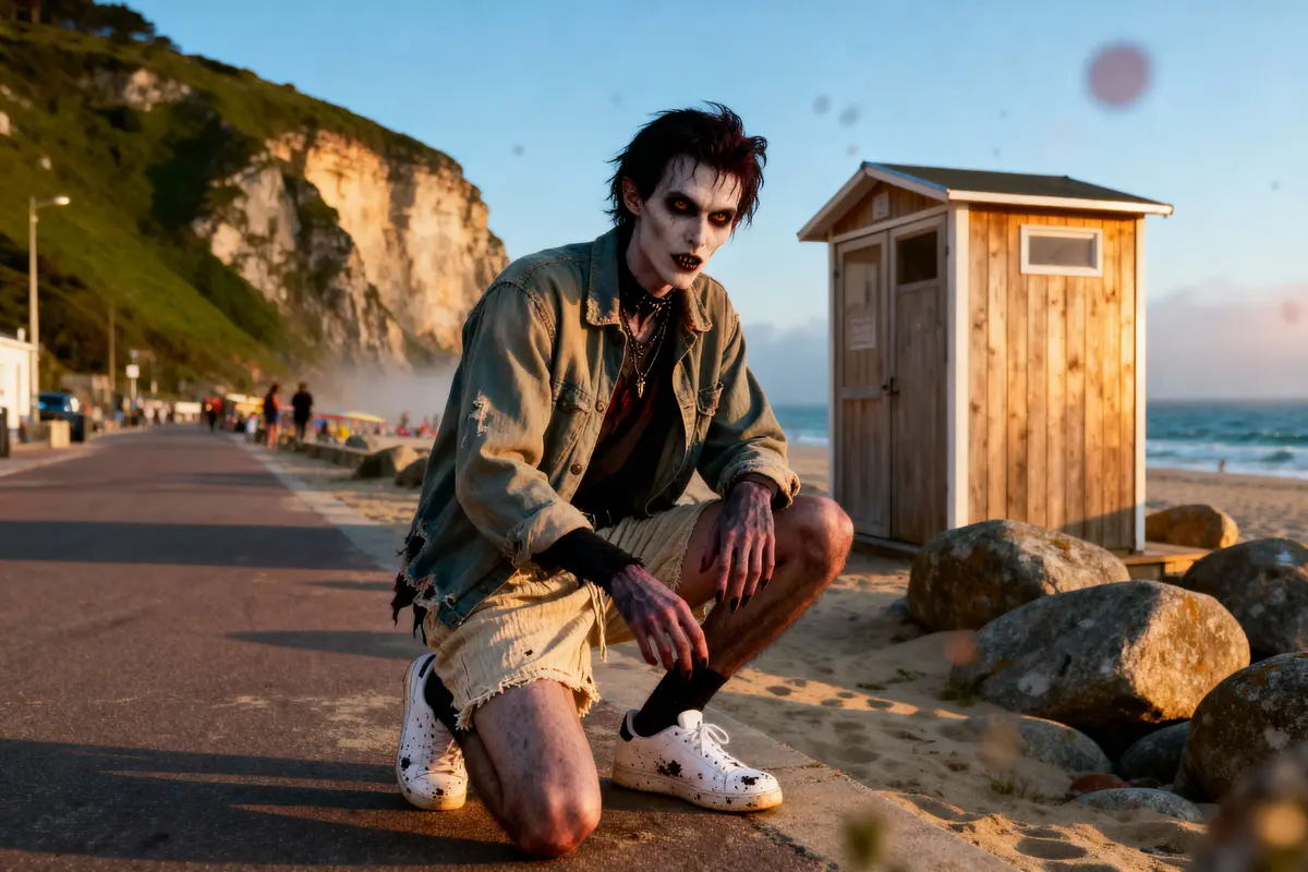Personne déguisée en zombie, accroupie sur une promenade de plage, cabane en bois en arrière-plan, falaises derrière.