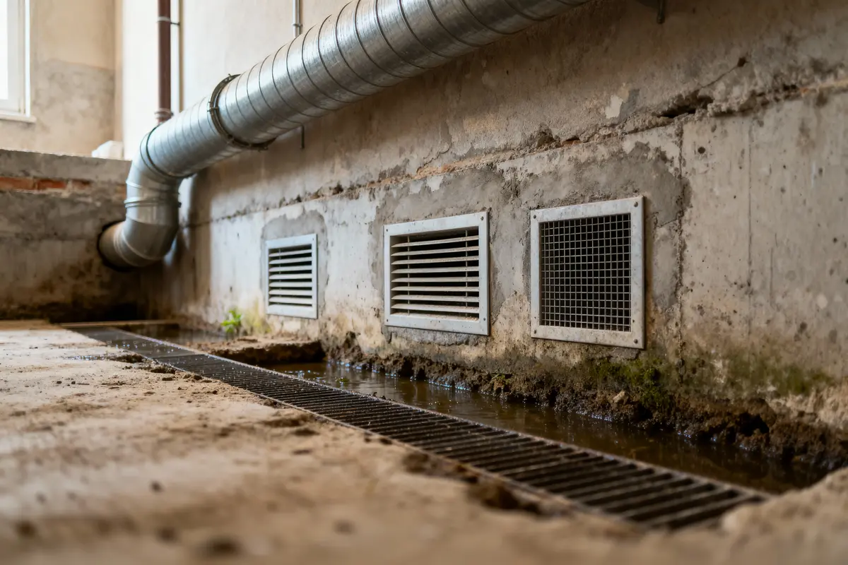 Grille de drainage au sol, mur avec bouches d’aération, canalisation apparente, environnement humide.