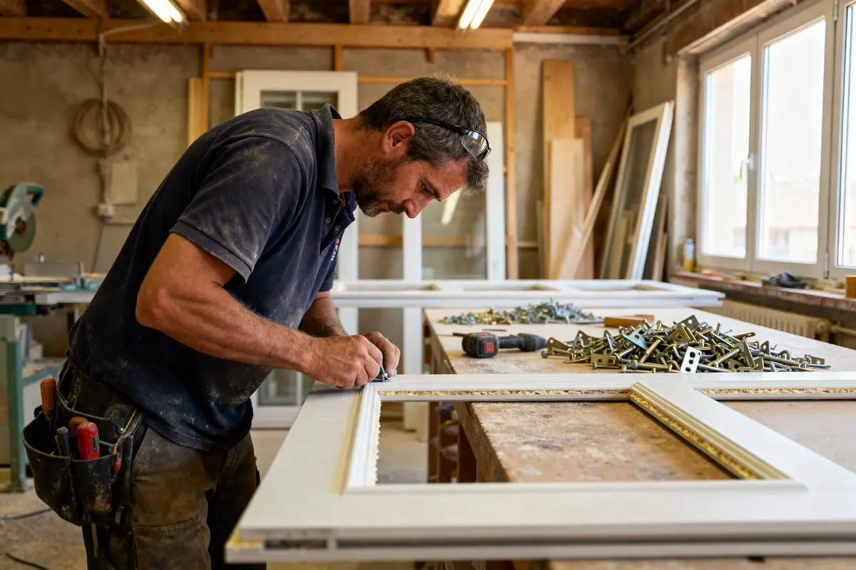 Artisan menuisier travaillant sur un cadre en bois dans un atelier, avec outils et matériaux autour.