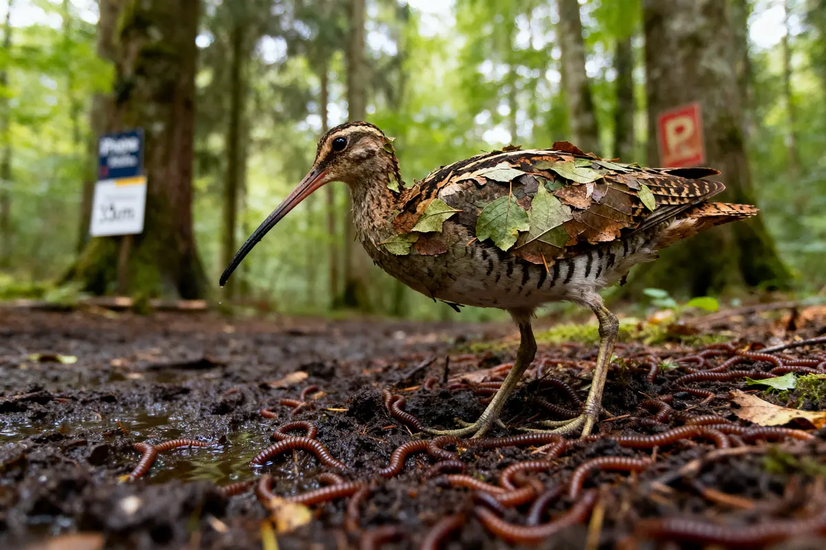 Oiseau couvert de feuilles marchant sur des vers de terre dans une forêt verte et dense.