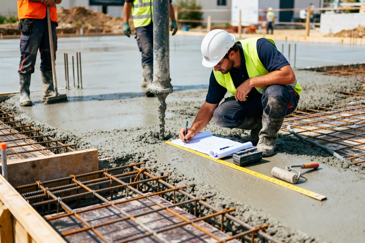 Travailleur de chantier écrit sur un plan pendant le coulage du béton, portant gilet et casque de sécurité.