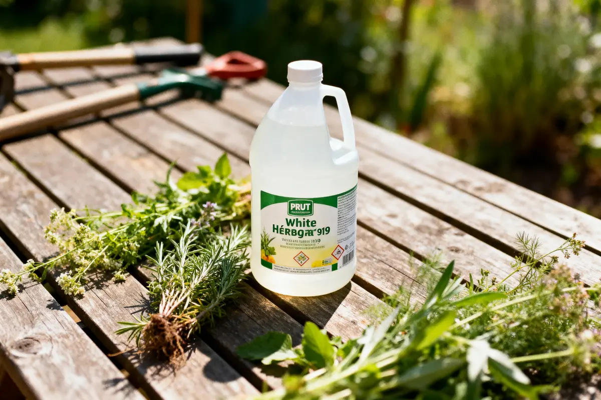 Bouteille de désherbant sur table en bois, entourée de plantes et outils de jardinage flous à l'arrière-plan.
