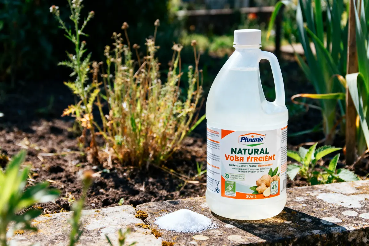 Bouteille de désherbant naturel sur muret, jardin avec plantes en fond.