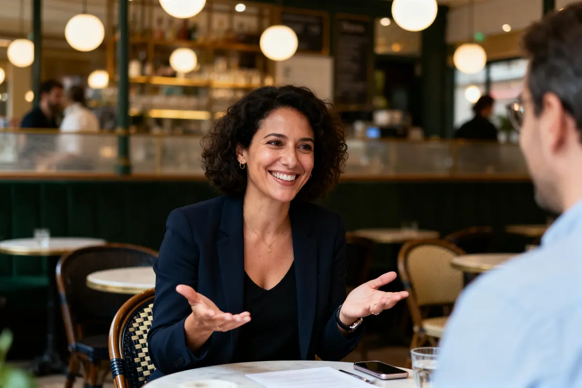 Une femme souriante discute avec un homme dans un café élégant avec ambiance chaleureuse.