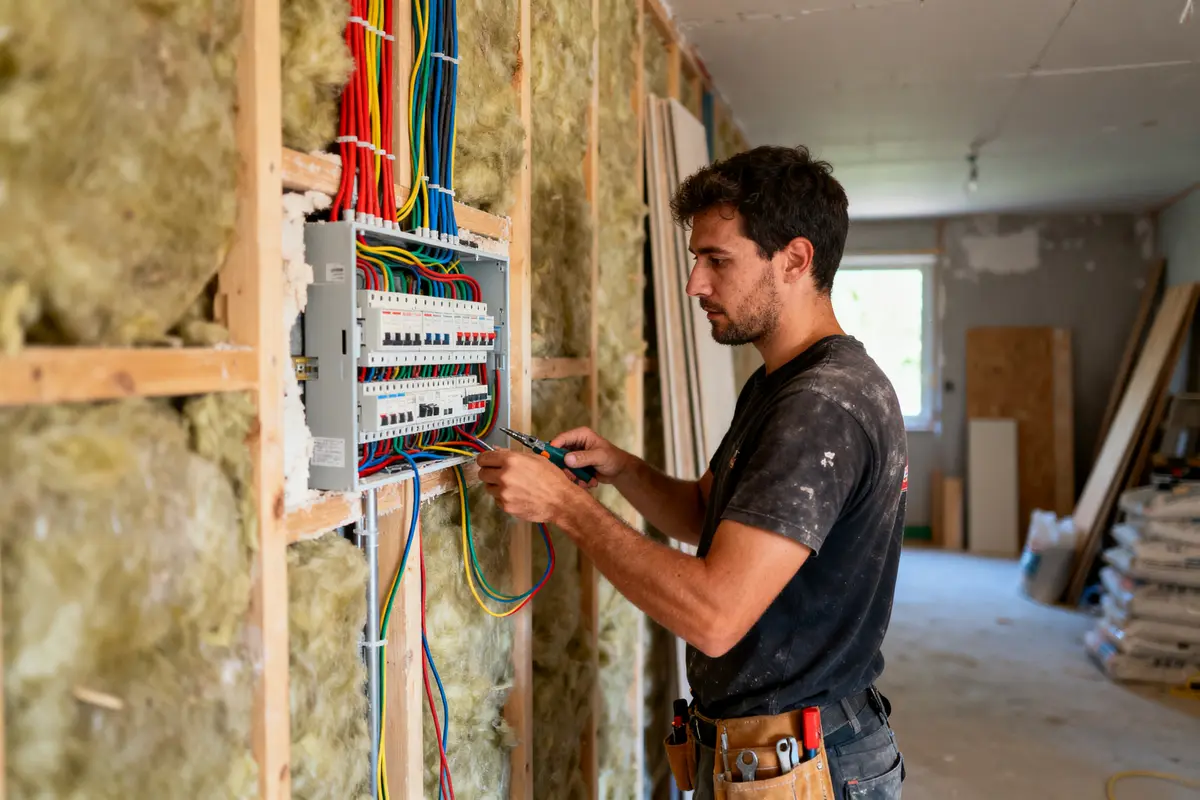 Homme travaillant sur un tableau électrique, câbles colorés, mur isolé, pièce de construction en arrière-plan.