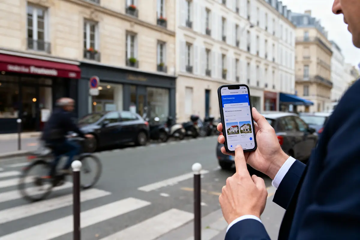 Personne utilisant un smartphone dans une rue urbaine fréquentée par des cyclistes et des voitures stationnées.