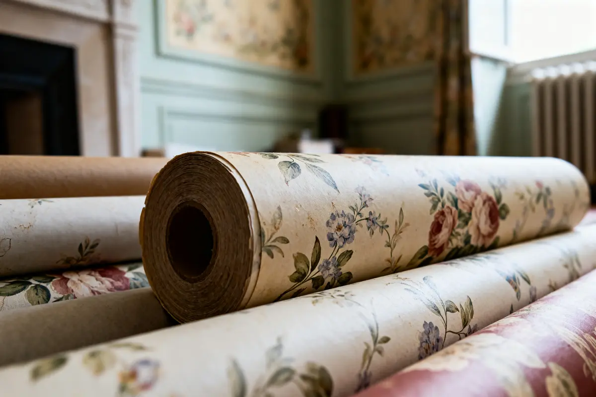 Rouleaux de papier peint fleuri dans une pièce élégante avec des murs décorés, lumière naturelle.