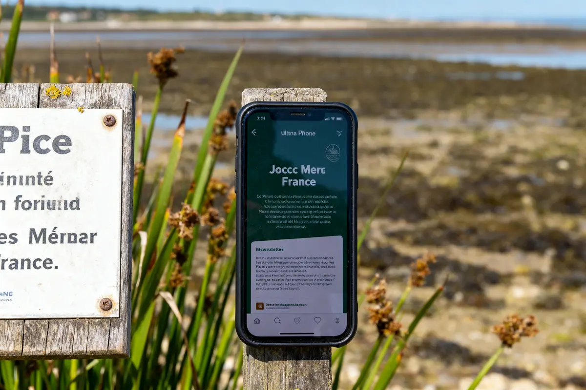 Smartphone affichant du texte sur un poteau en bois, paysage côtier en arrière-plan.