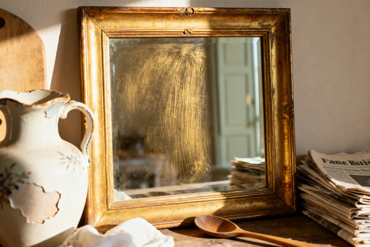 Miroir encadré doré sur table en bois avec carafe en céramique, journaux empilés et cuillère en bois.