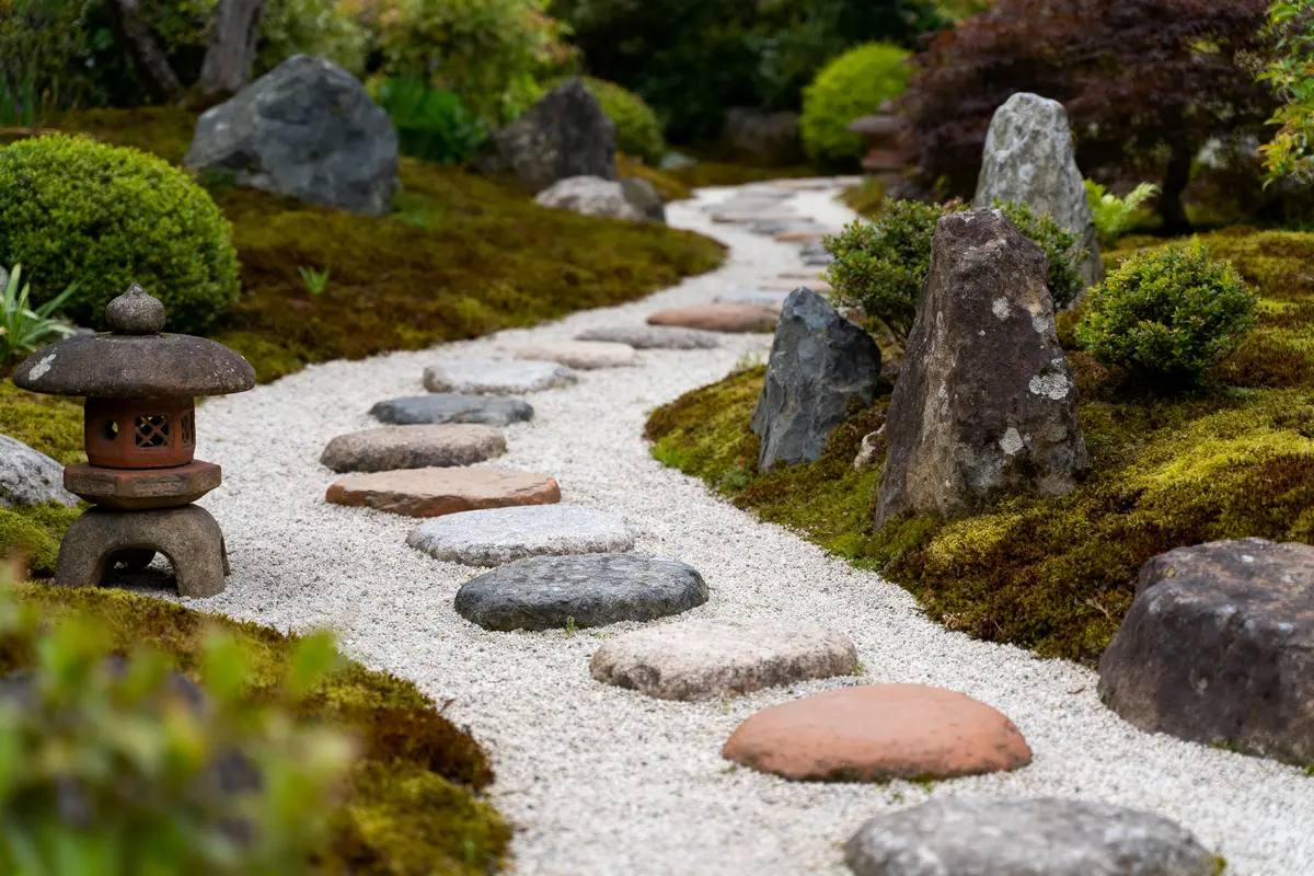 Chemin de pierre sinueux dans un jardin japonais, entouré de mousse, arbustes et lanterne en pierre.