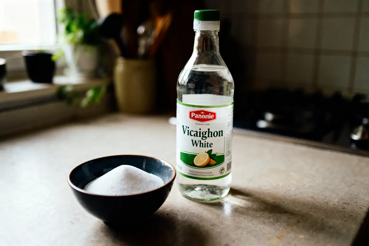 Bol de sucre et bouteille de vinaigre blanc sur un plan de travail de cuisine.