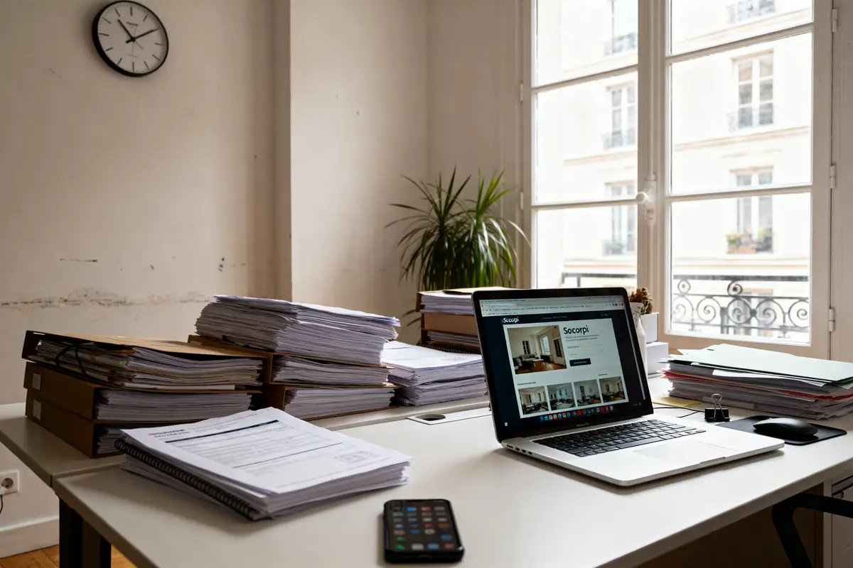 Bureau avec piles de documents, ordinateur portable ouvert, plante et fenêtre lumineuse. Mur avec horloge.