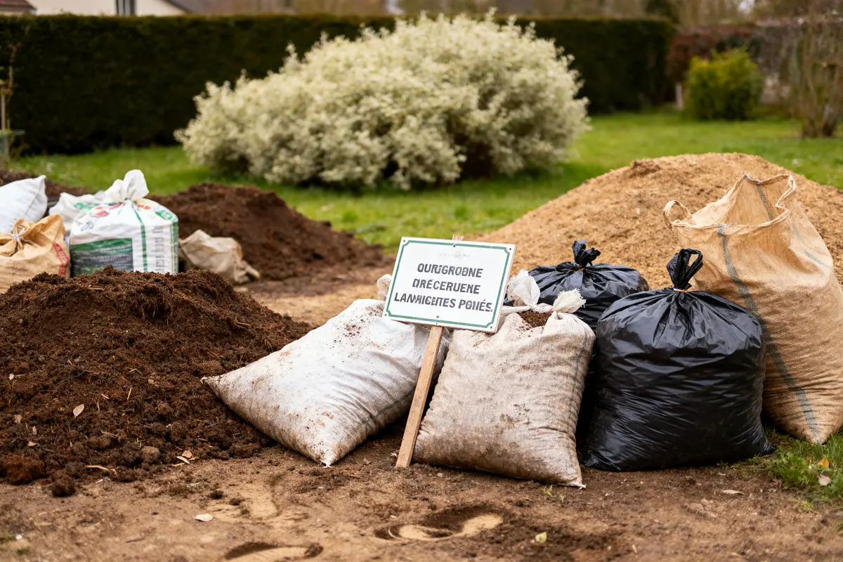 Sacs de terre et compost avec pancarte, jardin en arrière-plan verdoyant.