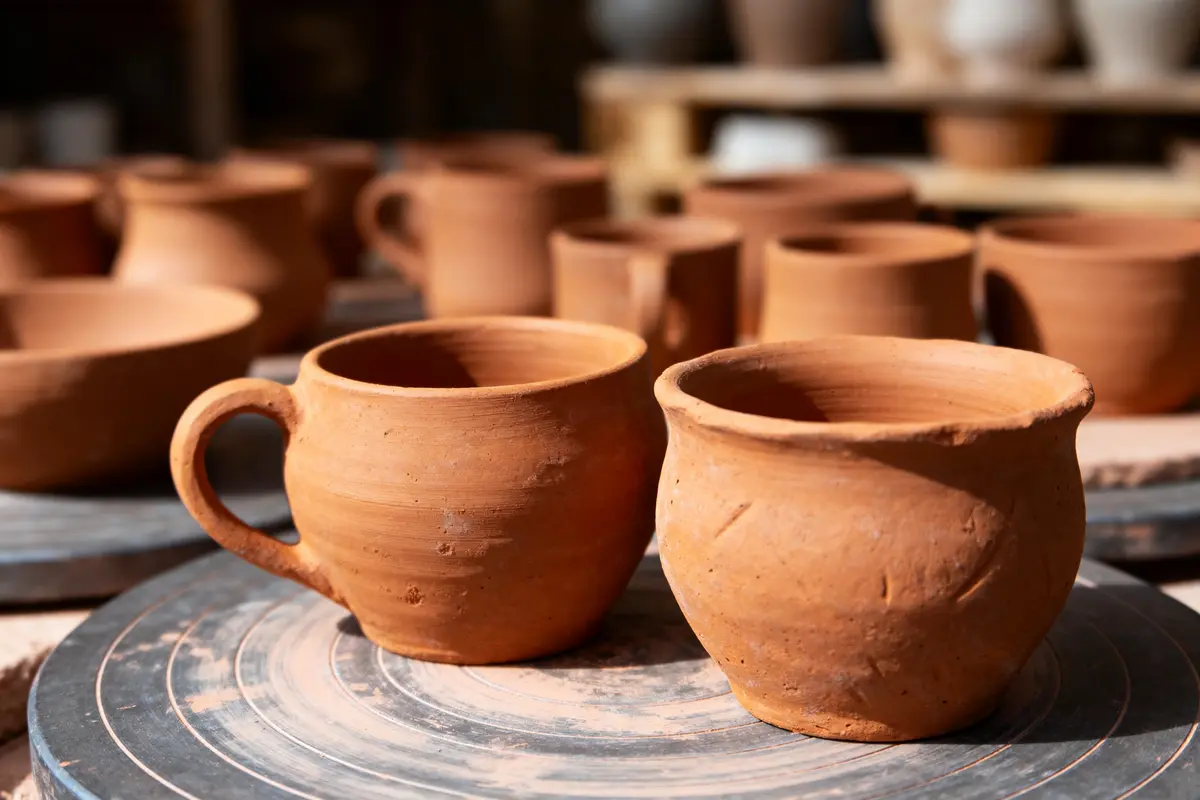 Deux pots en terre cuite sur un plateau de potier, entourés d'autres pièces similaires en arrière-plan.
