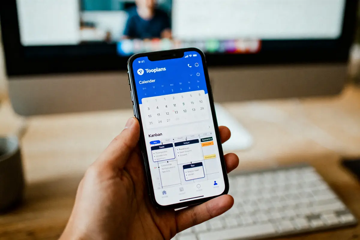Smartphone affichant une application de calendrier et Kanban, tenu par une main, clavier flou en arrière-plan.