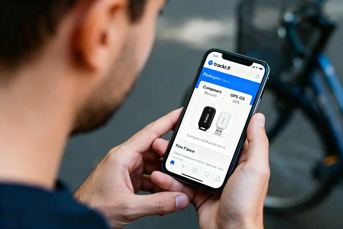 Homme tenant smartphone affichant gadgets Bluetooth et GPS sur site "trackr.fr" avec vélo en arrière-plan.
