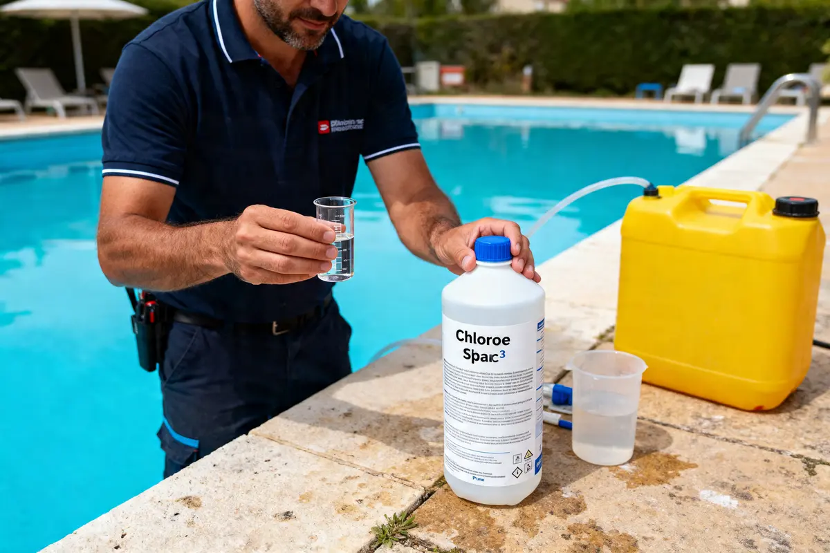 Homme préparant dosage chlore choc piscine par m3 près d'une piscine avec équipement