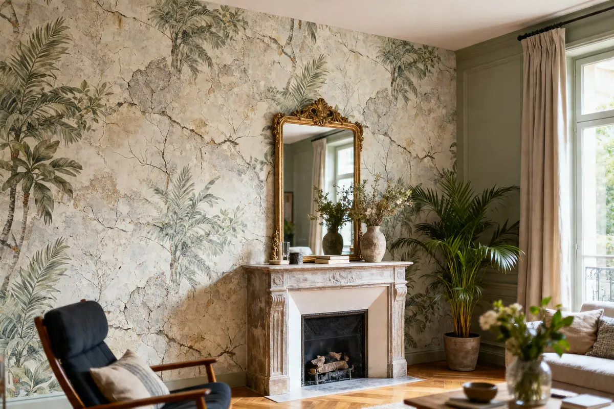 Salon élégant avec cheminée, miroir doré et elitis papier peint tropical intégrant des palmiers verdoyants