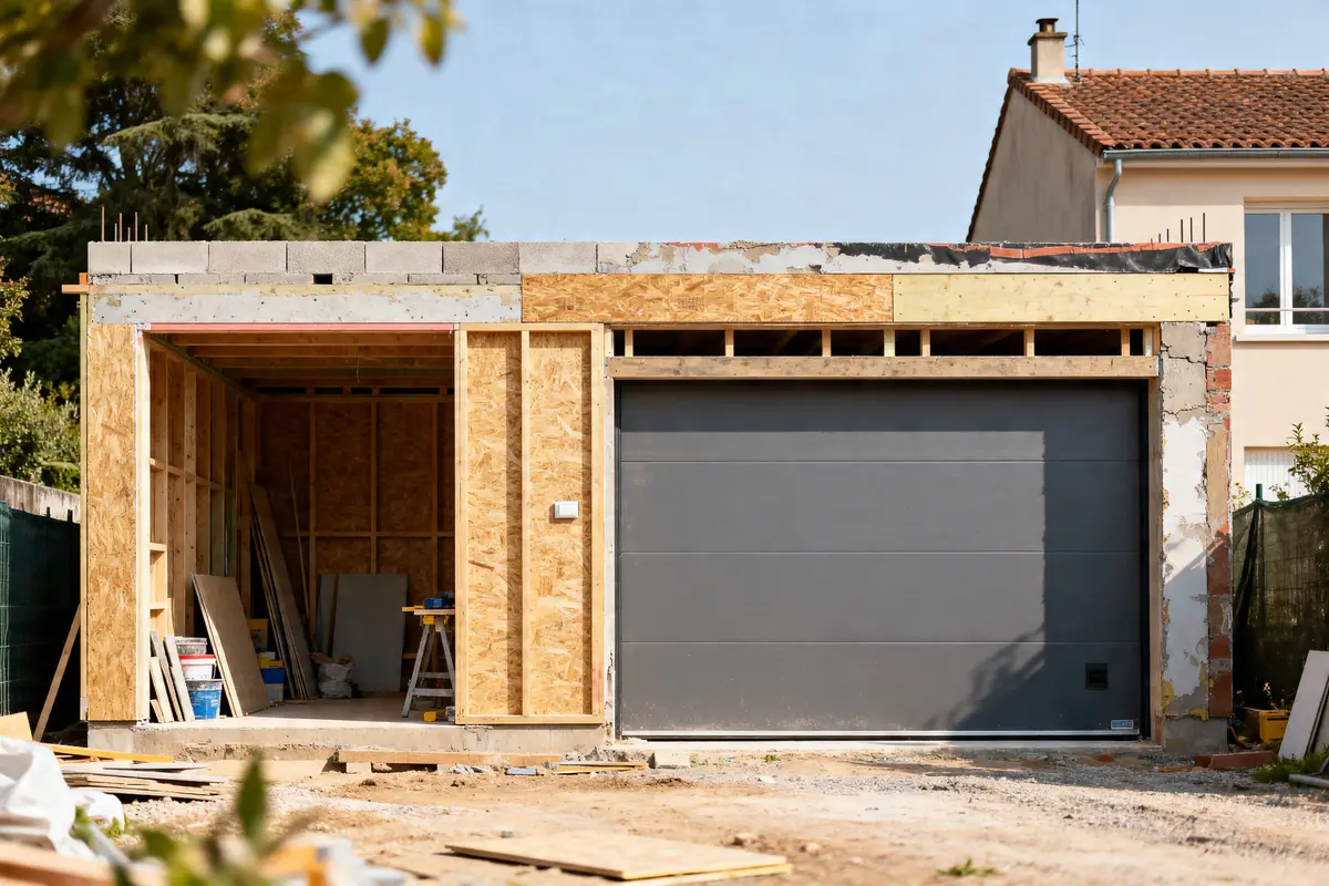 Travaux d'extension garage avec structure en bois et porte moderne près d'une maison.